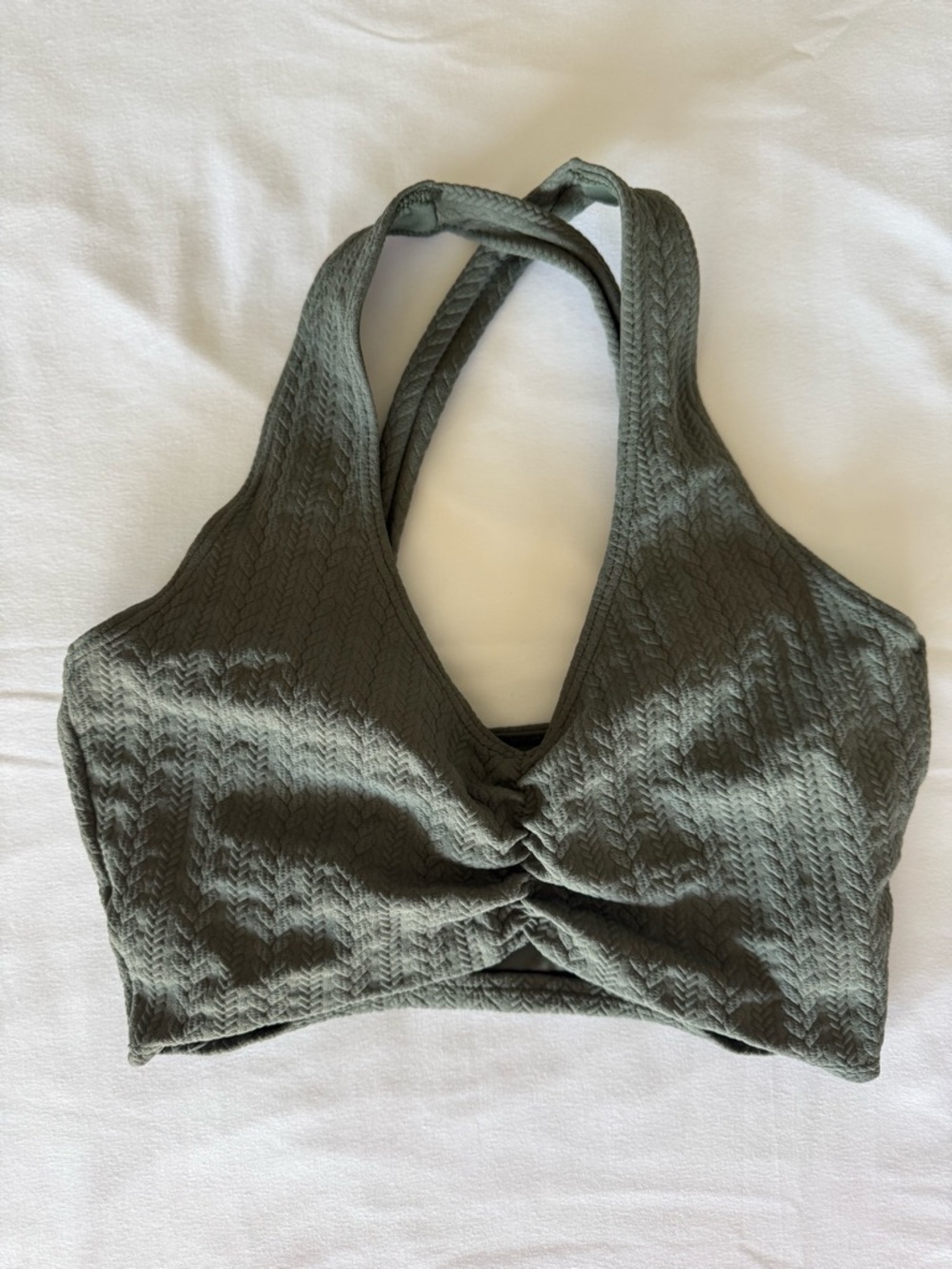 BEACH RIOT Poppy Style Ruched Bikini Top Olive Green Textured Cross Back - Small